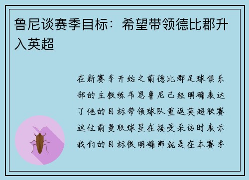 鲁尼谈赛季目标：希望带领德比郡升入英超
