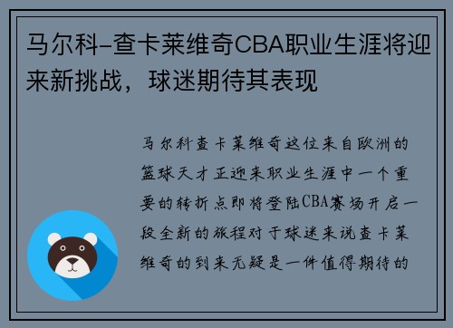 马尔科-查卡莱维奇CBA职业生涯将迎来新挑战，球迷期待其表现