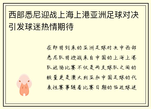 西部悉尼迎战上海上港亚洲足球对决引发球迷热情期待