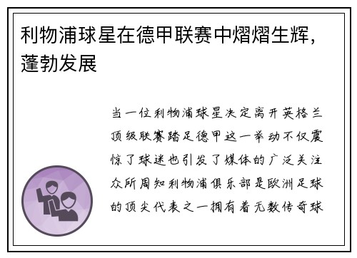 利物浦球星在德甲联赛中熠熠生辉，蓬勃发展