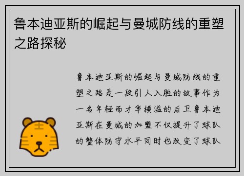 鲁本迪亚斯的崛起与曼城防线的重塑之路探秘