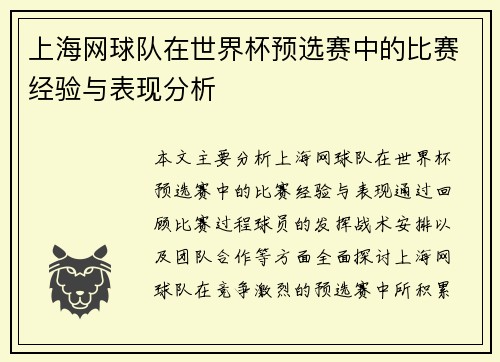 上海网球队在世界杯预选赛中的比赛经验与表现分析
